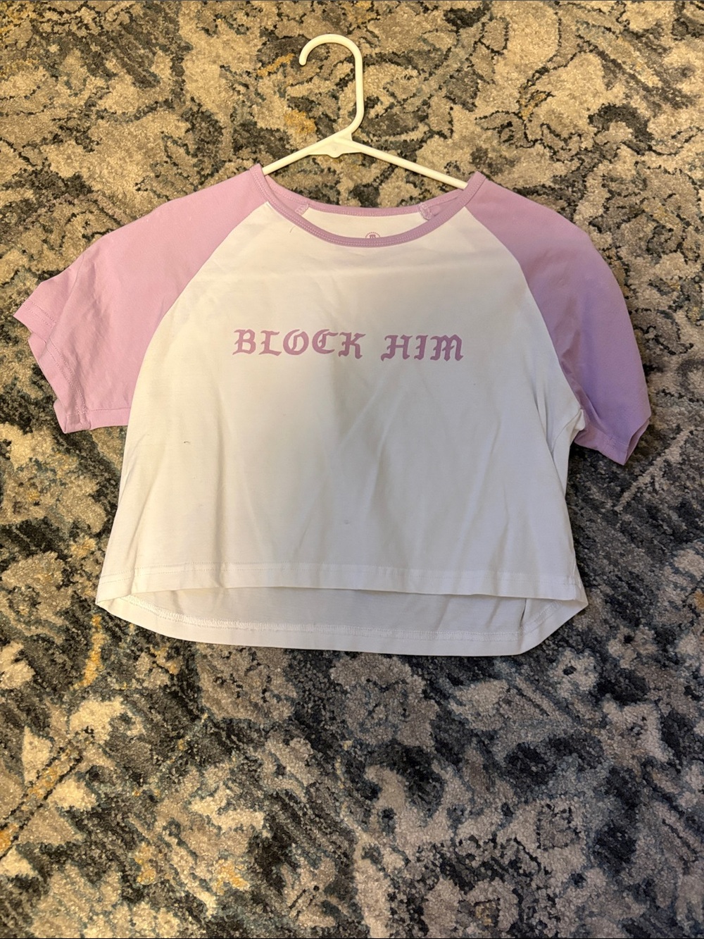 Cropped Raglan Tee in White & Light Purple with 'BLOCK HIM' Graphic